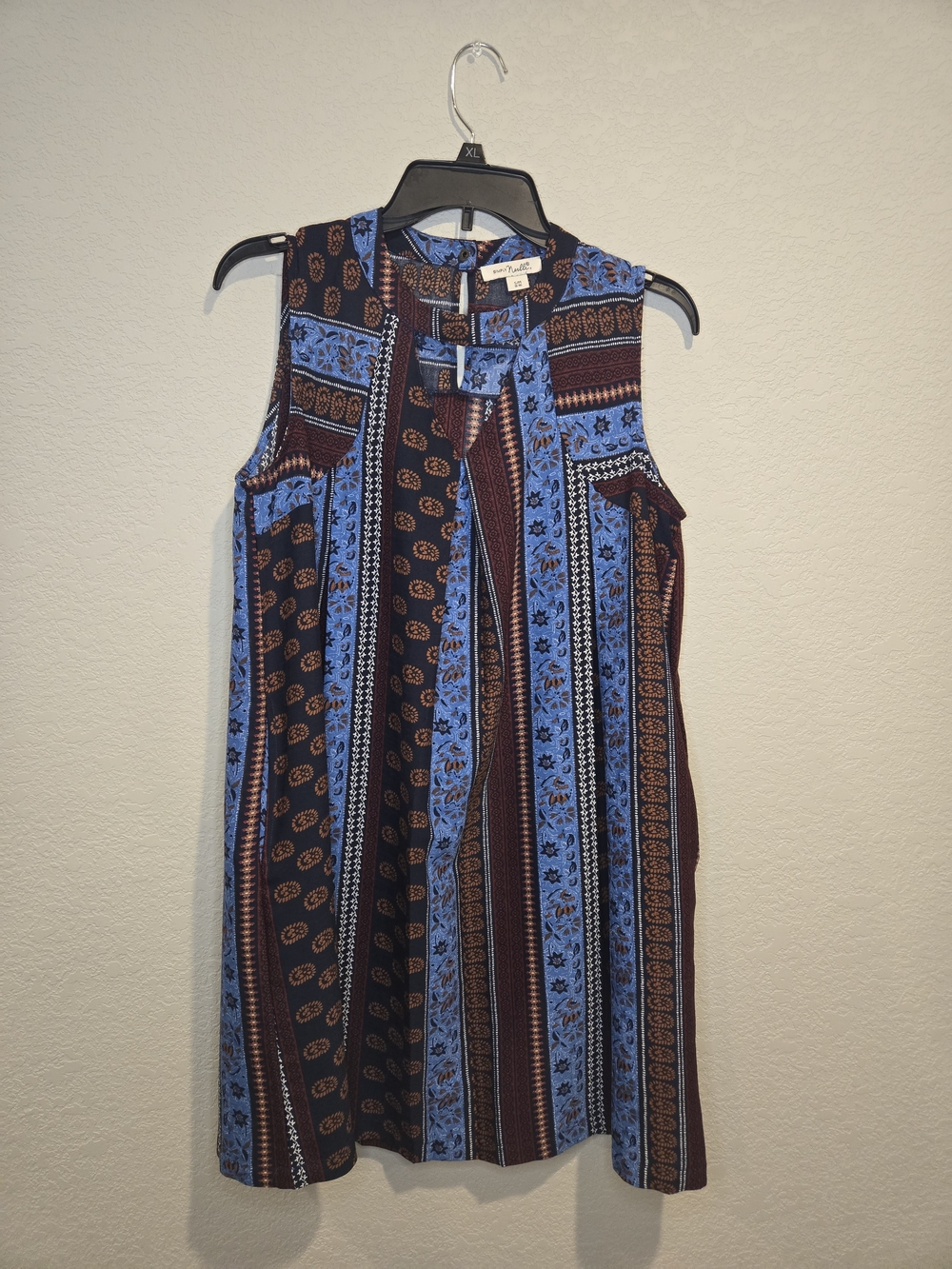 Simply Noelle Blue and Brown Printed Midi Shift Dress Boho Chic S/M